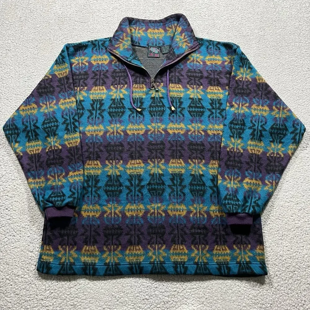 Vintage Sweater Mens L Geometric Colorful Aztec Santana Pullover 90s Grandpa